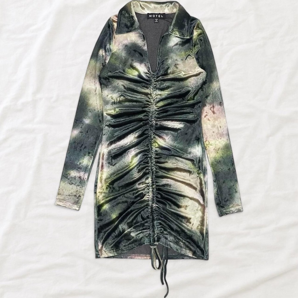 Motel Abstract Print Mini Dress Long Sleeve Ruched Bodycon Silver Multicolor XS
